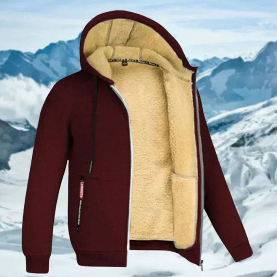 Dunkelrote Herren Kapuzenjacke mit kuscheligem beigen Fleecefutter, durchgehendem Reißverschluss und praktischen Taschen.