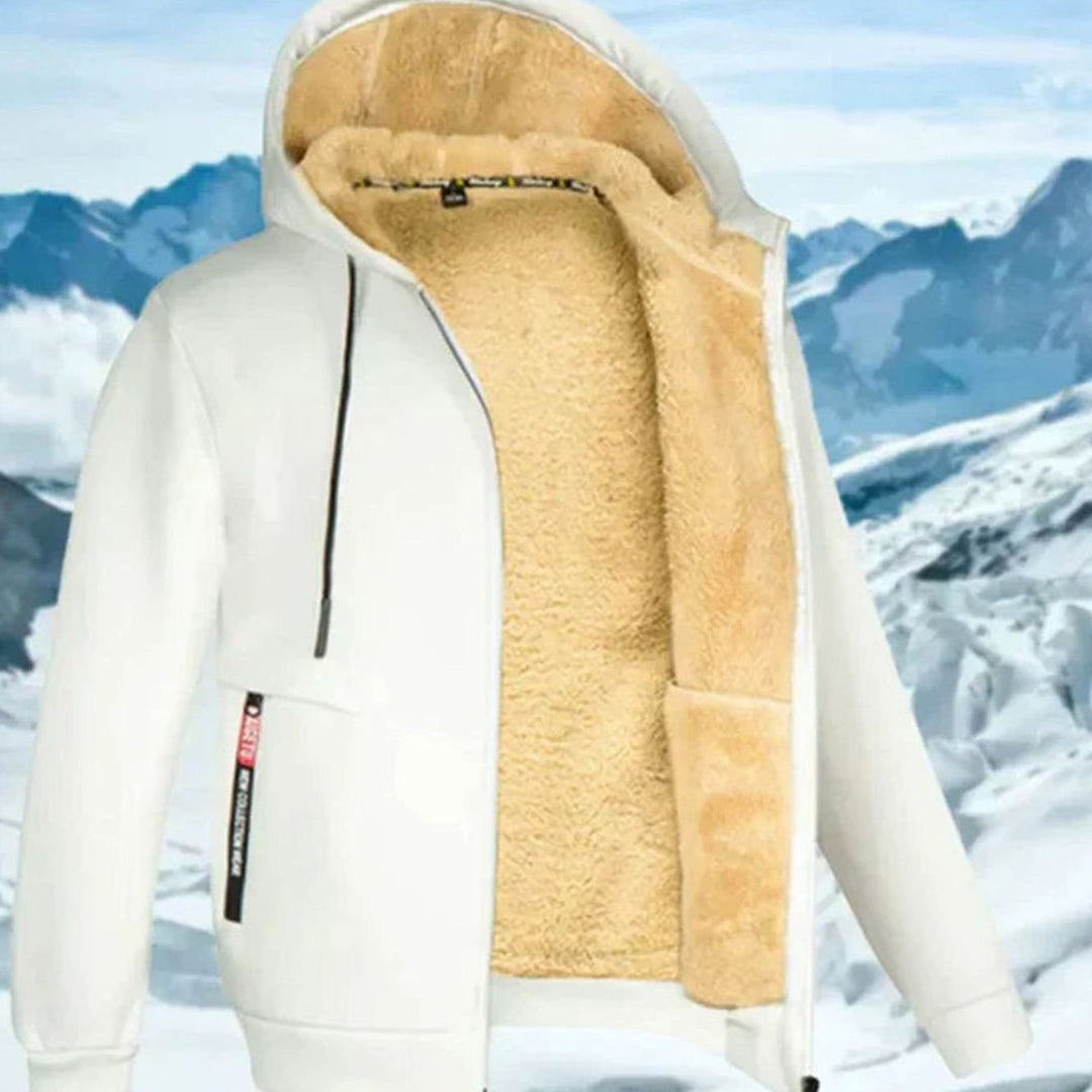 Weiße Fabio Herren-Kapuzenjacke mit kuscheligem beigefarbenem Fleecefutter, Reißverschluss und praktischen Seitentaschen.