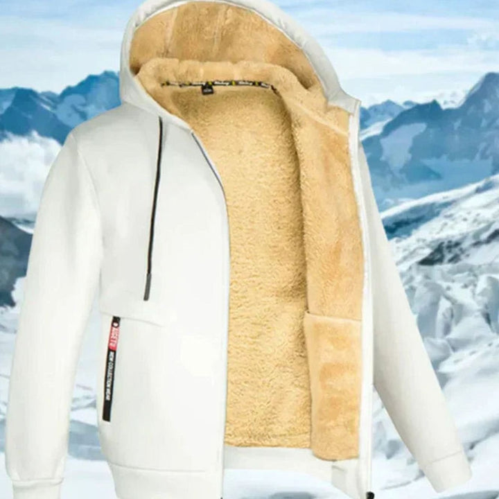 Weiße Fabio Herren-Kapuzenjacke mit kuscheligem beigefarbenem Fleecefutter, Reißverschluss und praktischen Seitentaschen.