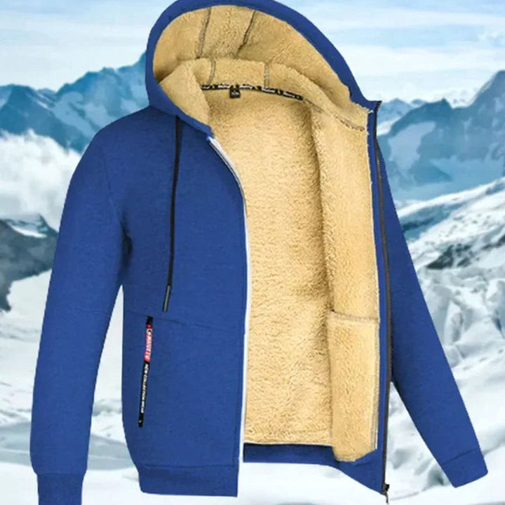 Blaue Herren-Kapuzenjacke Fabio mit kuscheligem beigem Fleecefutter, Reißverschluss und gefütterter Kapuze für kalte Tage.