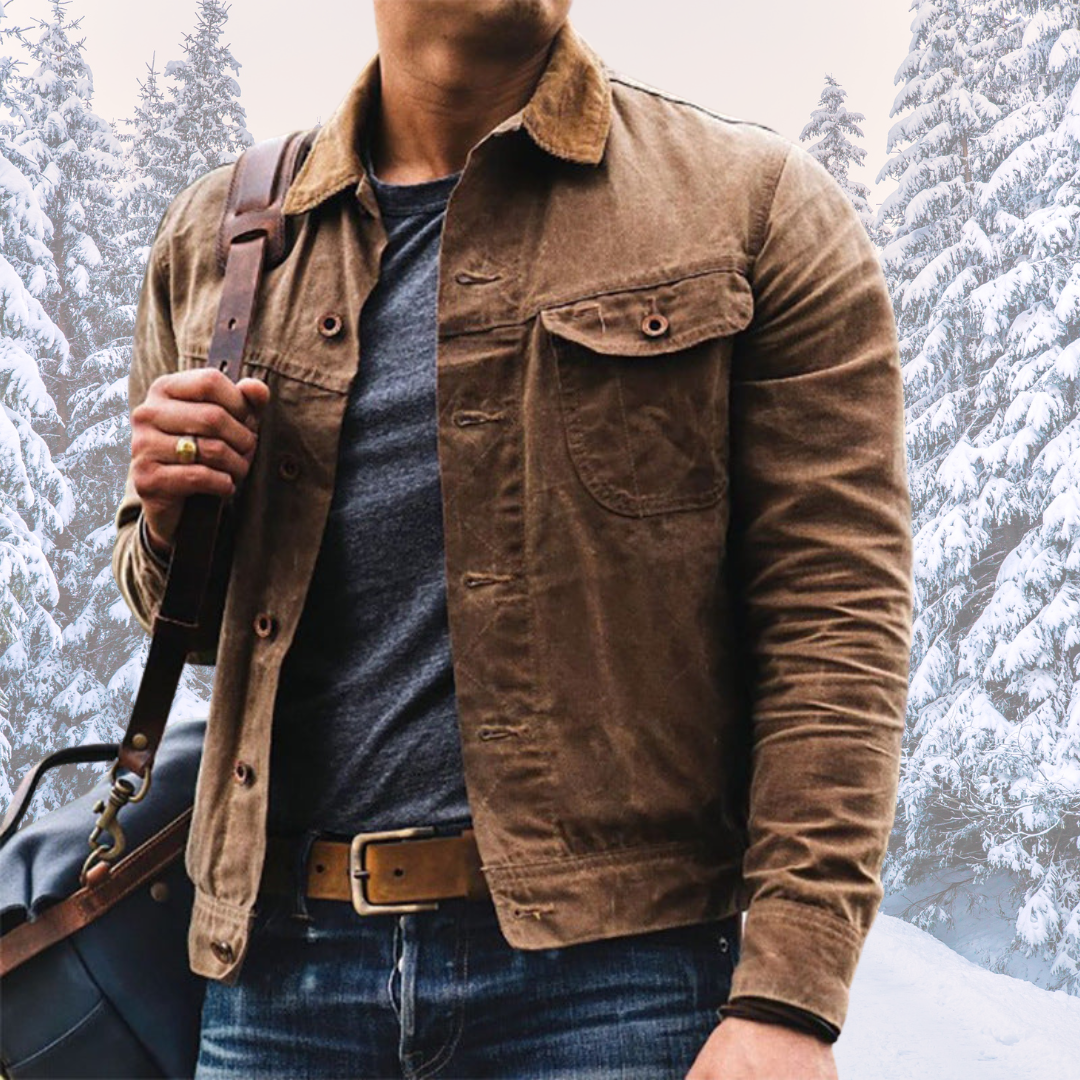 Braune Felix Herrenjacke mit Kontrastkragen, Knopfleiste und Brusttaschen im robusten, geraden Schnitt.