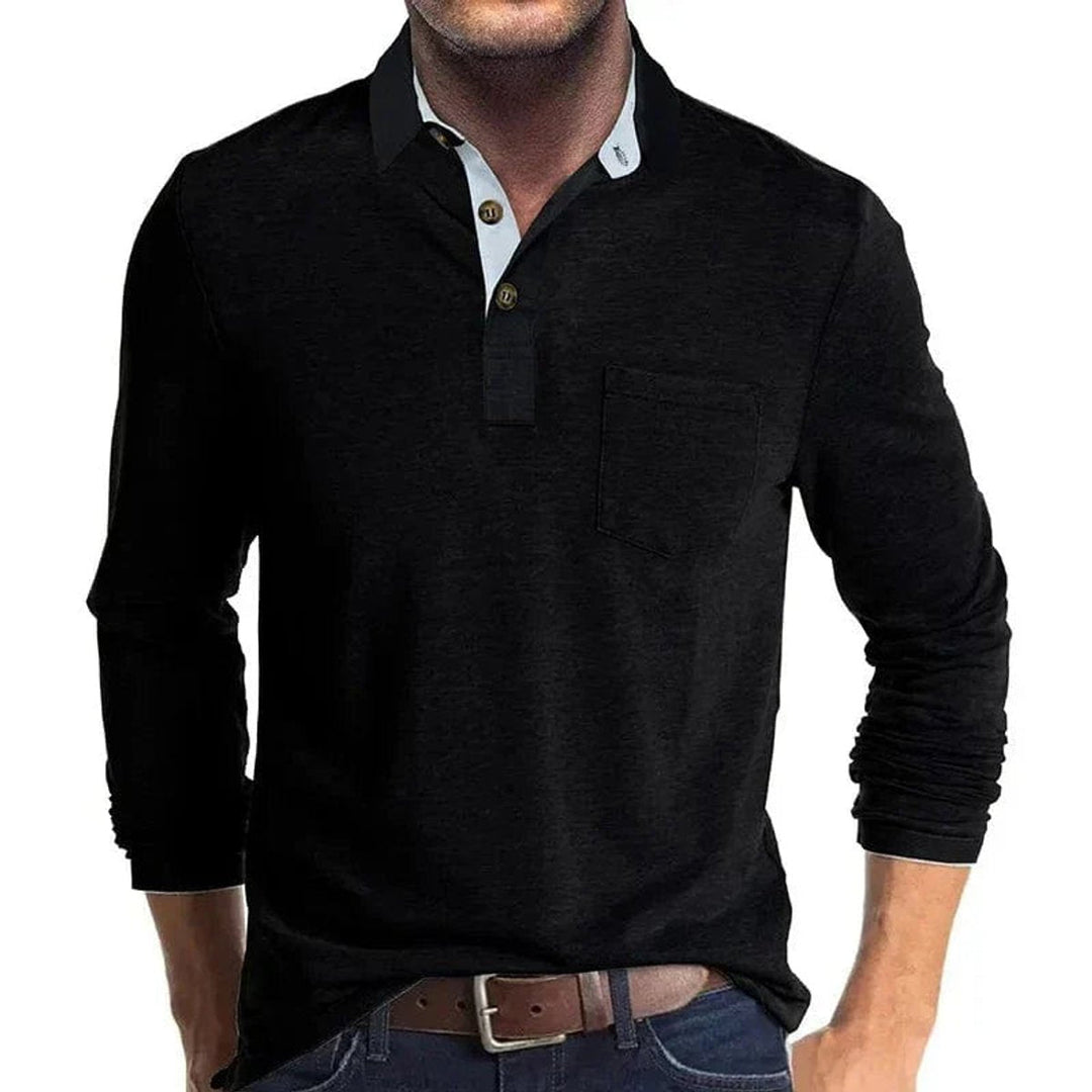 Schwarzes Langarm-Poloshirt für Herren mit Brusttasche, Kontrastkragen und kurzer Knopfleiste.