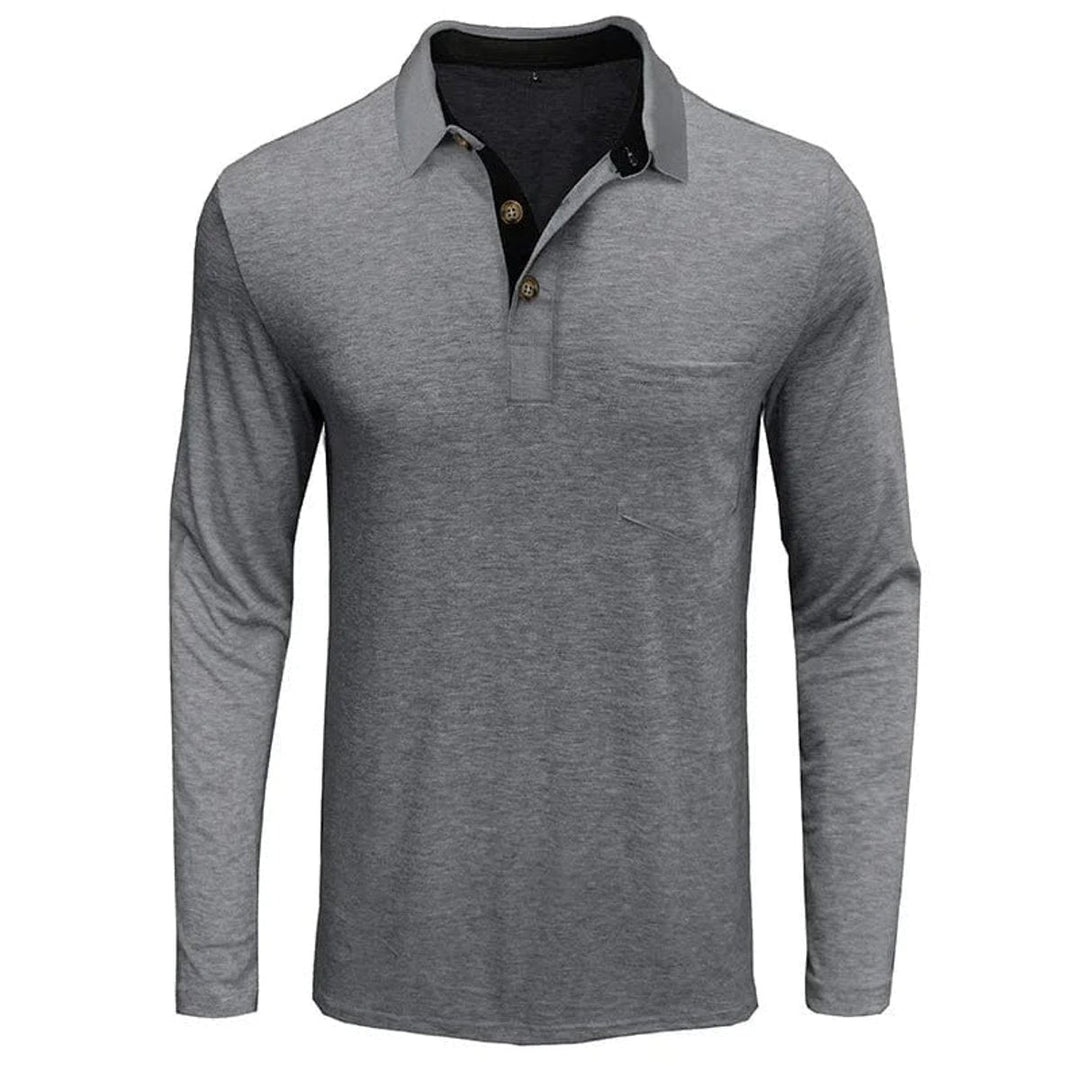 Graues Herren-Langarm-Poloshirt mit Brusttasche, kontrastierendem Kragen und Knopfleiste.