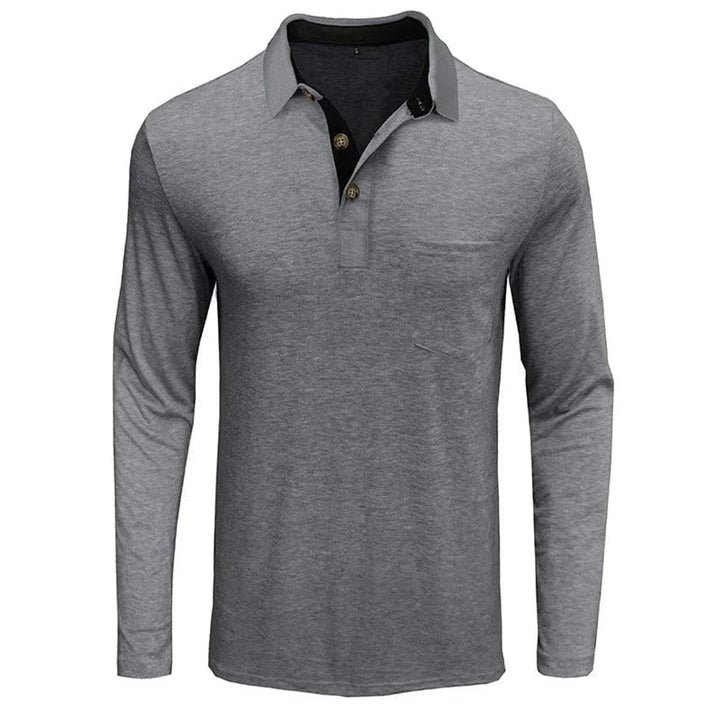 Graues Herren-Langarm-Poloshirt mit Brusttasche, kontrastierendem Kragen und Knopfleiste.