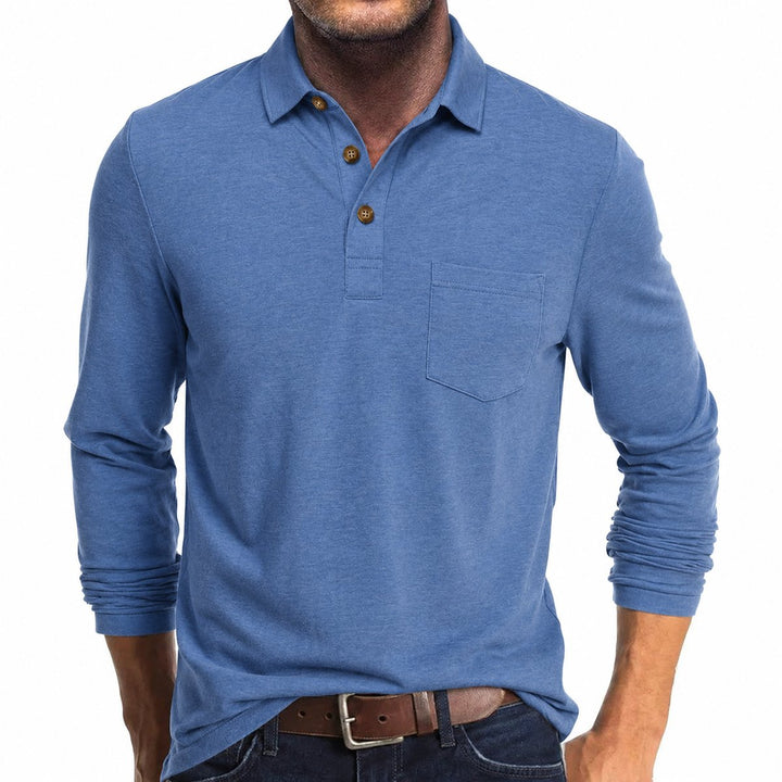 Blaues Langarm-Poloshirt für Herren mit Brusttasche, Knopfleiste und klassischem Kragen in schlanker Passform.
