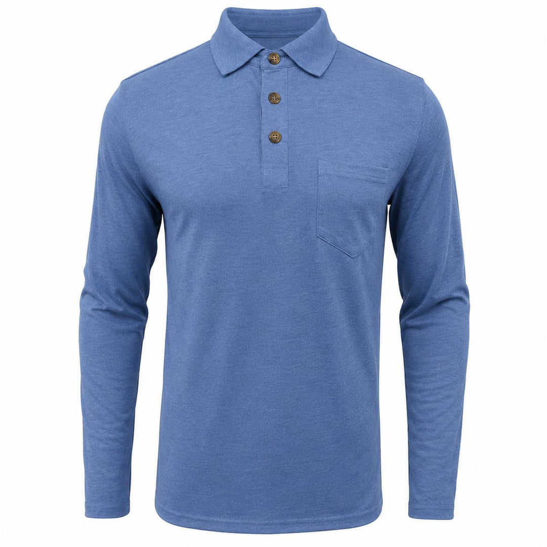 Blaues Herren-Langarm-Poloshirt mit Brusttasche, klassischem Kragen und Knopfleiste in schlanker Passform.