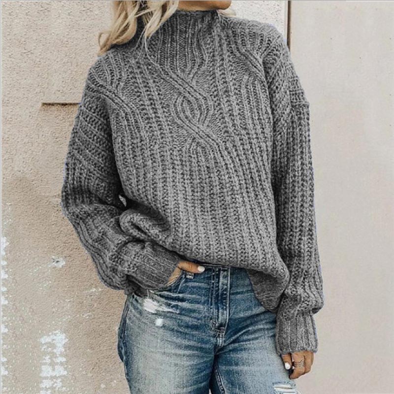 Fiona | Damen Grobstrick Strickpullover mit Stehkragen