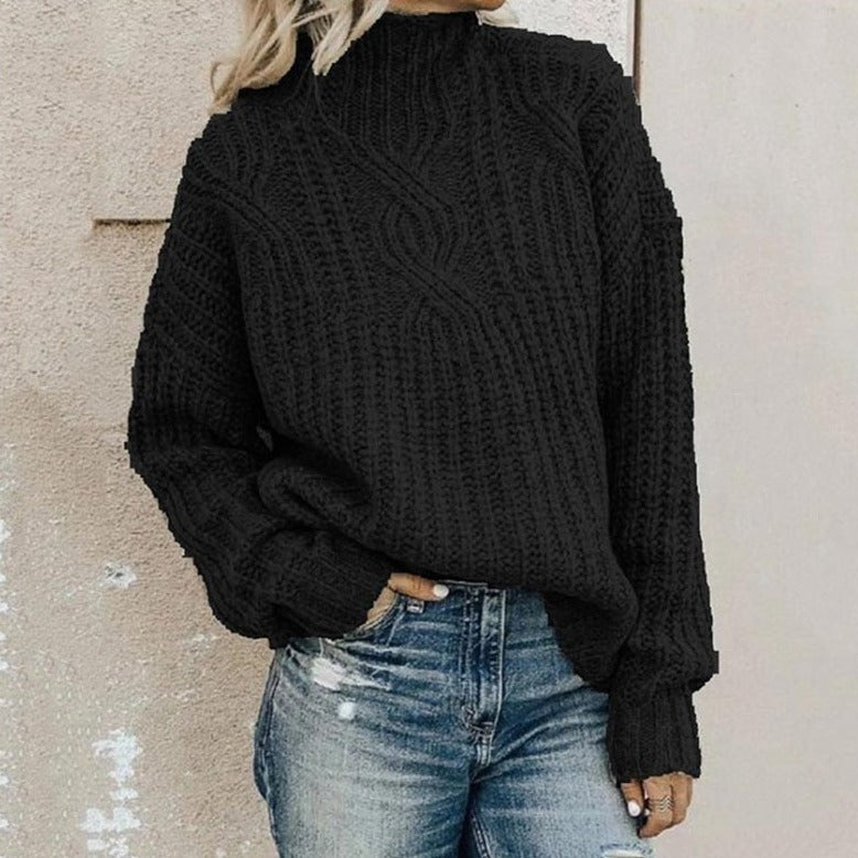 Fiona | Damen Grobstrick Strickpullover mit Stehkragen