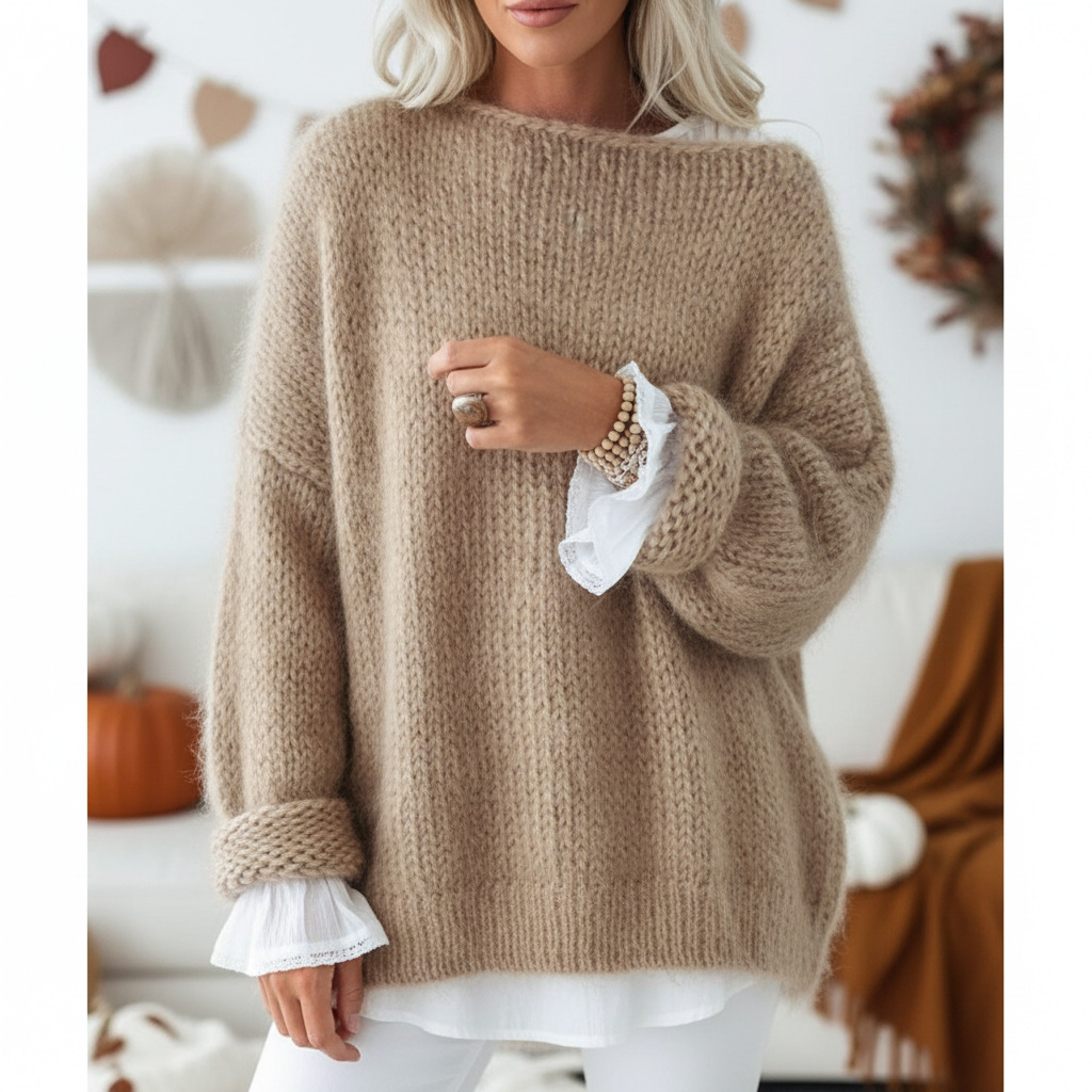 Beiger, kuscheliger Oversized-Strickpullover mit Grobstrick-Optik und markanten, umgeschlagenen Ärmelbündchen.