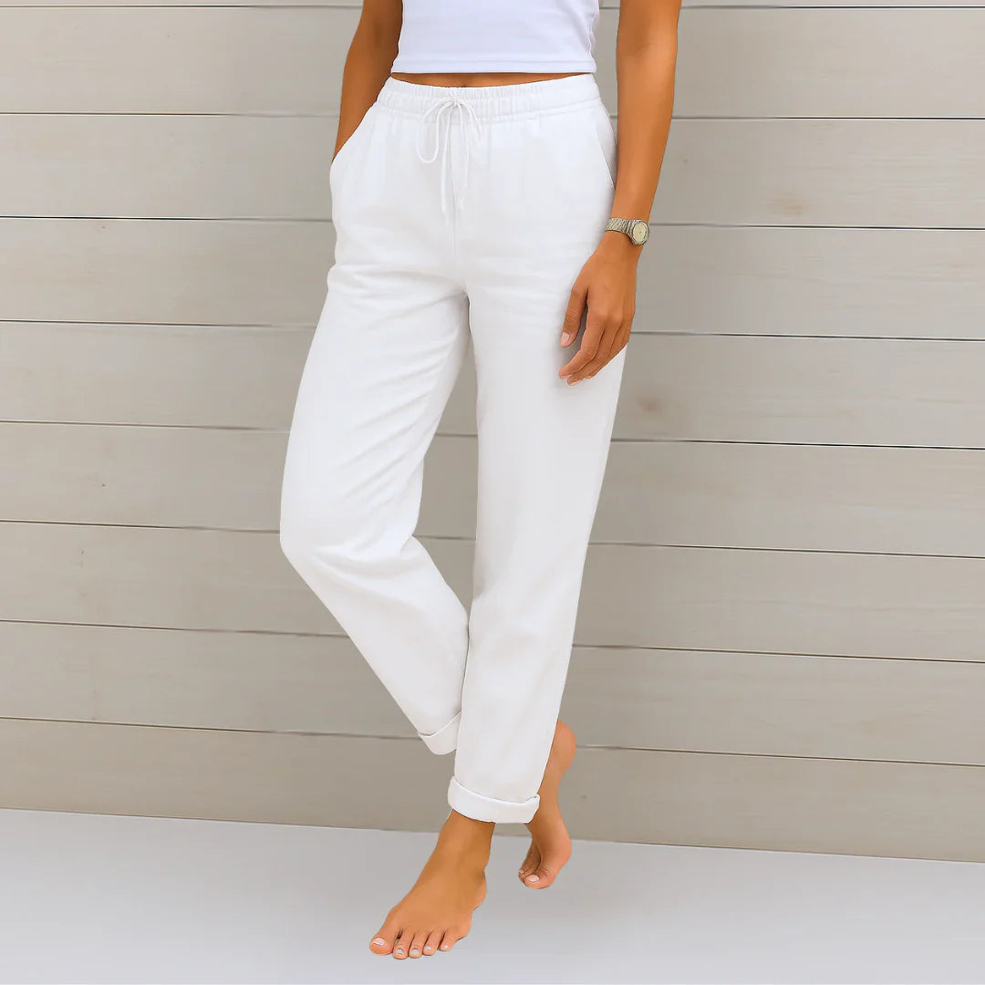 Weiße Franka Damen Sommer Leinen Hose mit hoher Taille, elastischem Bund und lockerem Schnitt.