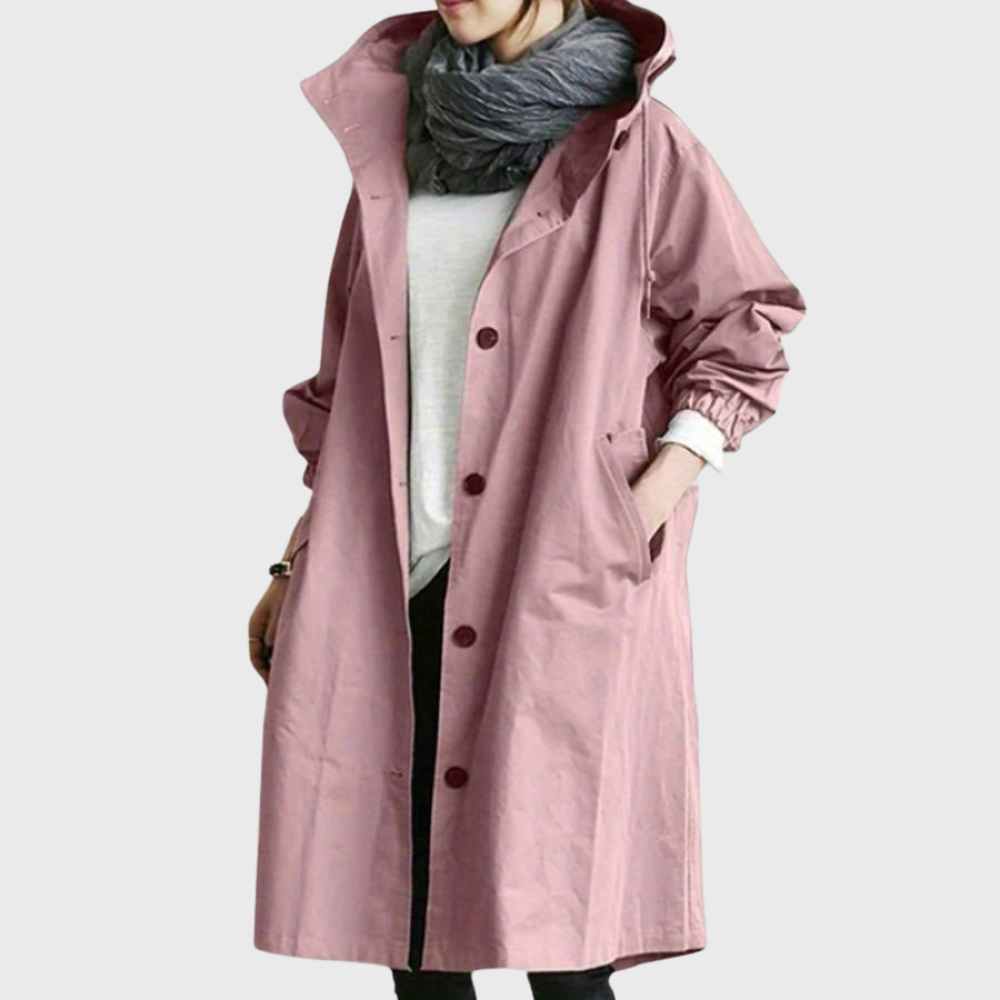Altrosa Damen-Oversized-Mantel mit Kapuze, Knopfleiste und Seitentaschen in mittellanger Passform für die Übergangszeit.