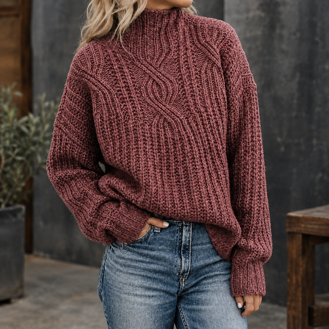 Hannah | Damen Zopfstrick Pullover mit Stehkragen