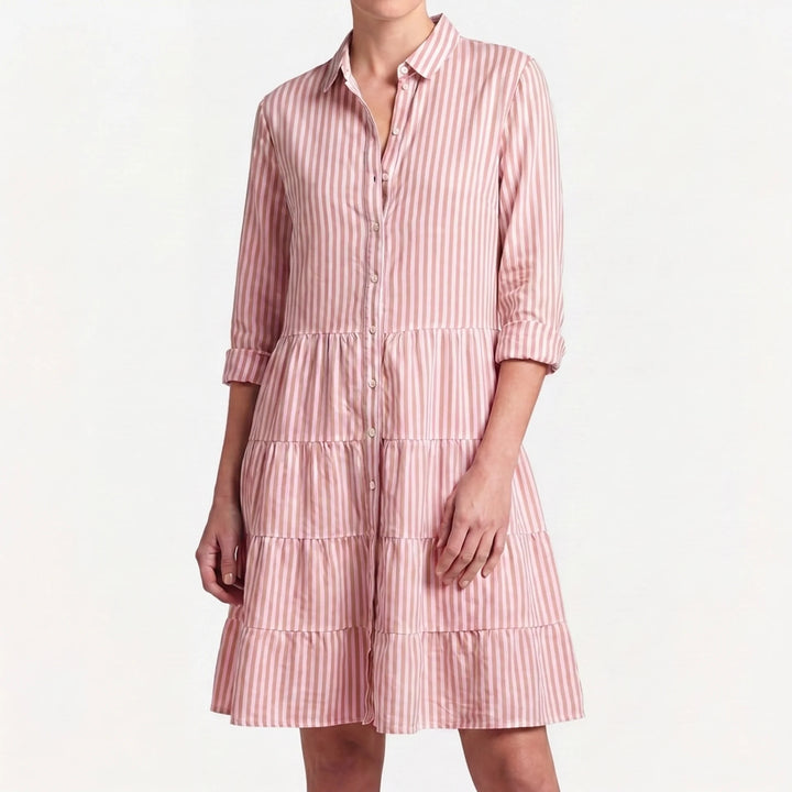 Clara Damen Midi Blusenkleid in Rosa-Weiß gestreift, mit Hemdkragen und Stufenrock.