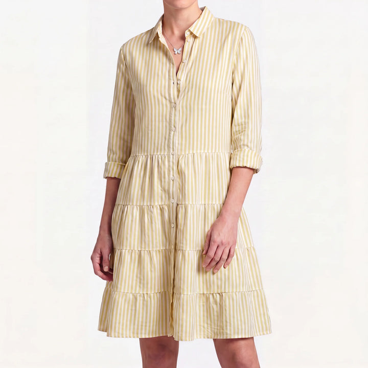 Clara Damen gestreiftes Midi Blusenkleid in Gelb-Weiß mit Hemdkragen und Stufenrock.