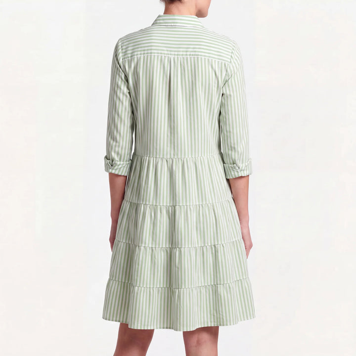 Clara Damen Midi Blusenkleid mit grün-weiß gestreiftem Design, Hemdkragen und Stufenrock.