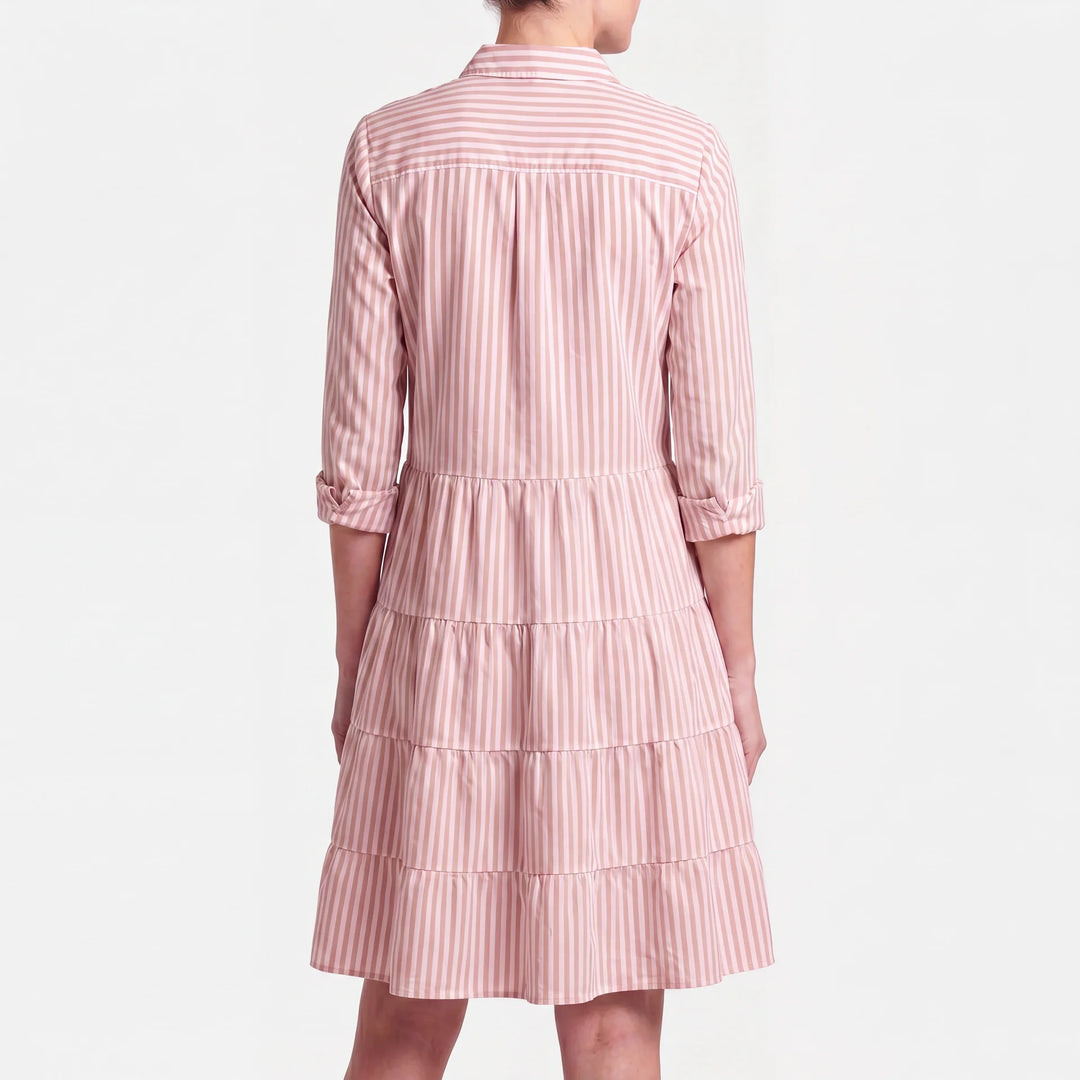 Clara Damen gestreiftes Midi Blusenkleid in Rosa mit Hemdkragen und Stufenrock.