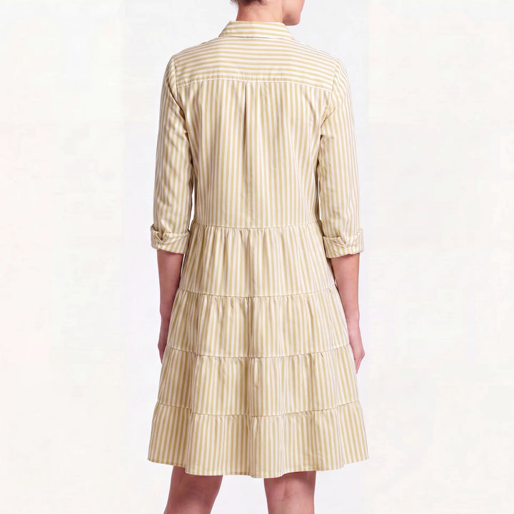 Clara Damen gestreiftes Midi Blusenkleid in Gelb-Weiß mit Hemdkragen und Stufenrock.