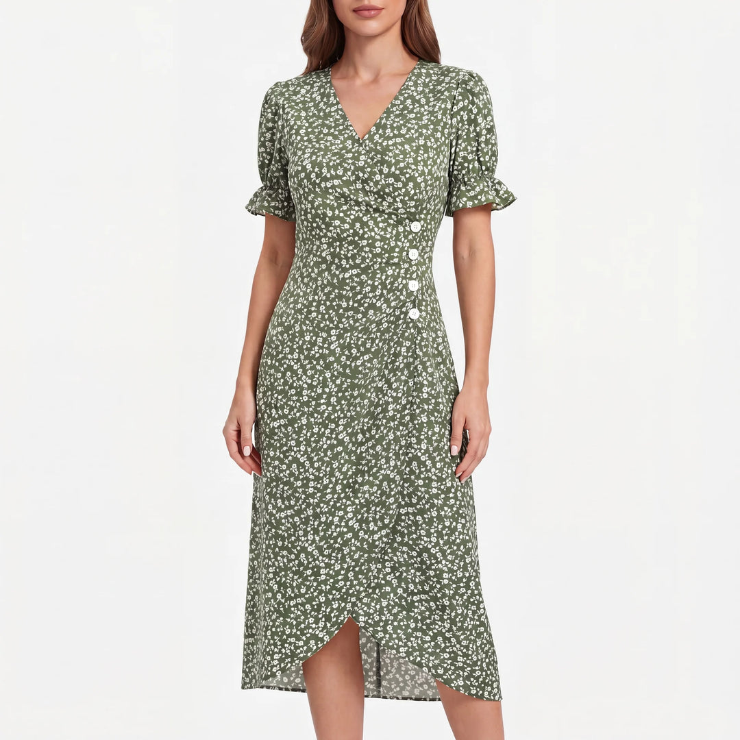 Mara Damen Midikleid: Grünes, florales Sommerkleid mit V-Ausschnitt, Rüschenärmeln und weißen Knöpfen.