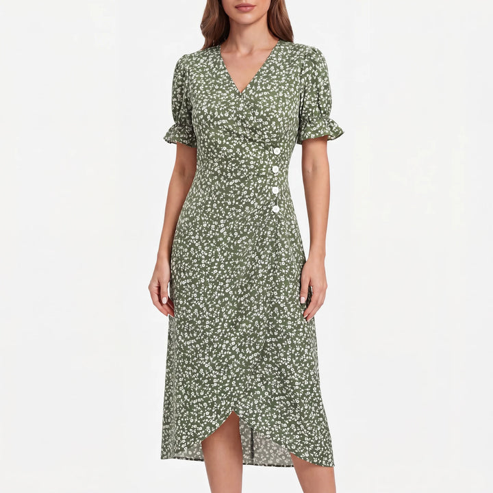 Mara Damen Midikleid: Grünes, florales Sommerkleid mit V-Ausschnitt, Rüschenärmeln und weißen Knöpfen.