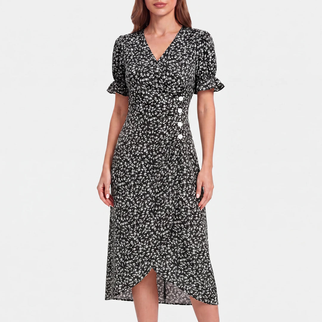 Mara Damen Midikleid: Schwarzes florales Sommerkleid mit V-Ausschnitt, Rüschenärmeln und weißen Knöpfen.