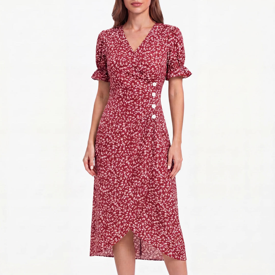Feminin rotes florales Midikleid mit V-Ausschnitt, kurzen Rüschenärmeln und seitlichen Knöpfen.