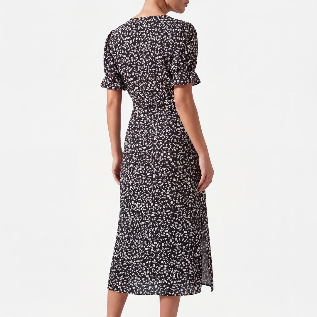 Mara Damen Midikleid: Schwarzes, florales Sommerkleid mit V-Ausschnitt und Rüschenärmeln.