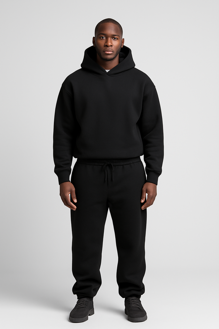 Schwarzes Herren-Jogging-Set aus weichem Baumwollstoff mit Kapuzenpullover und Hose mit Kordelzug.