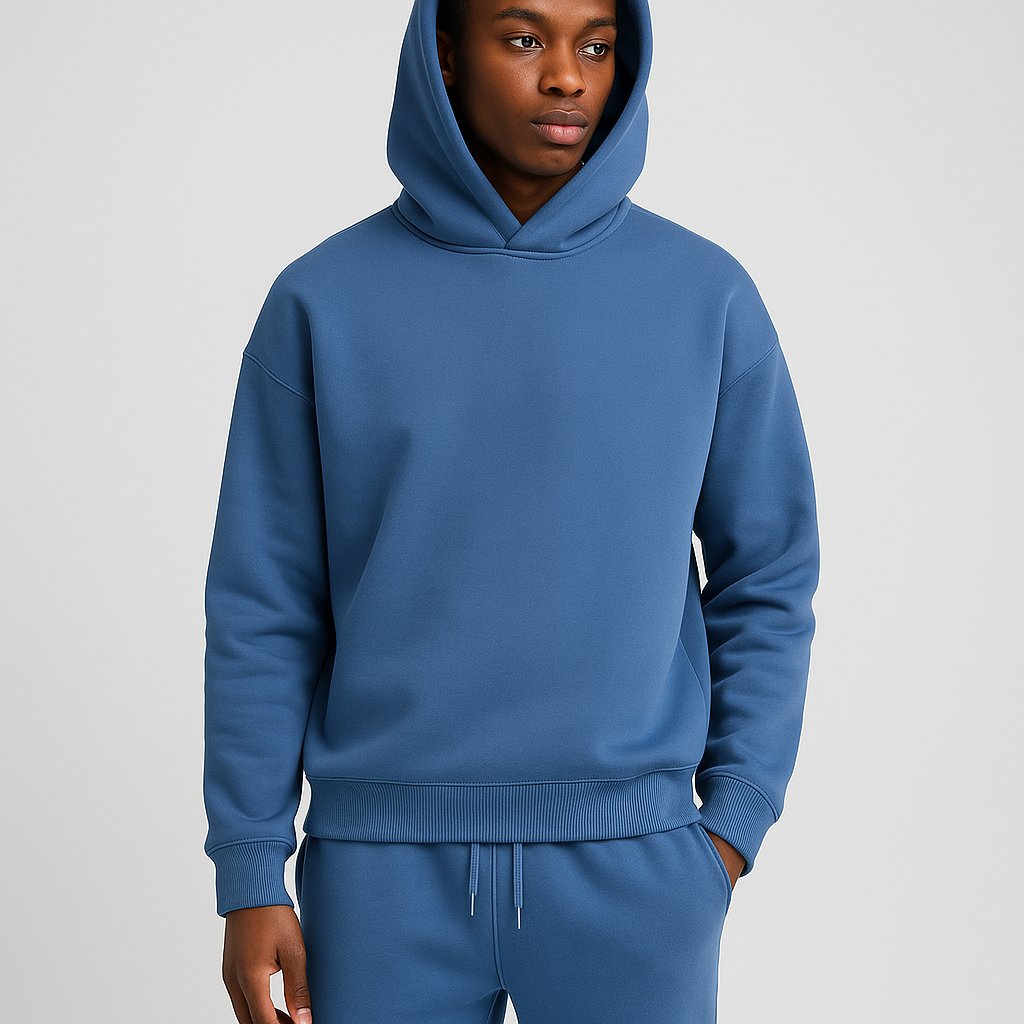 Blaues Herren-Jogging-Set aus weichem Baumwollstoff mit Kapuzenpullover und Hose mit Kordelzug.