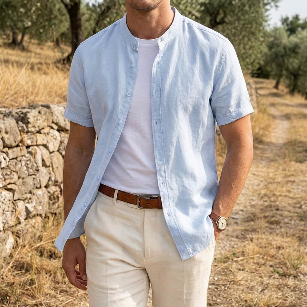 Hellblaues Herren-Leinenhemd mit Stehkragen, kurzen Ärmeln und durchgehender Knopfleiste im sommerlichen Look.