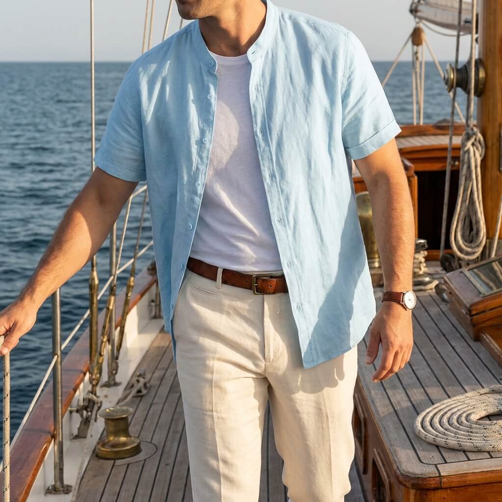 Hellblaues Joel Leinen-Kurzarmhemd mit Stehkragen, offen getragen über einem weißen T-Shirt auf einem Segelboot.