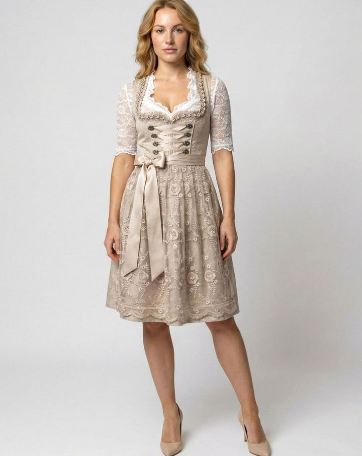 Johanna | Damen Oktoberfest Dirndl Kleid Spitzenbluse Blumenmuster Midi