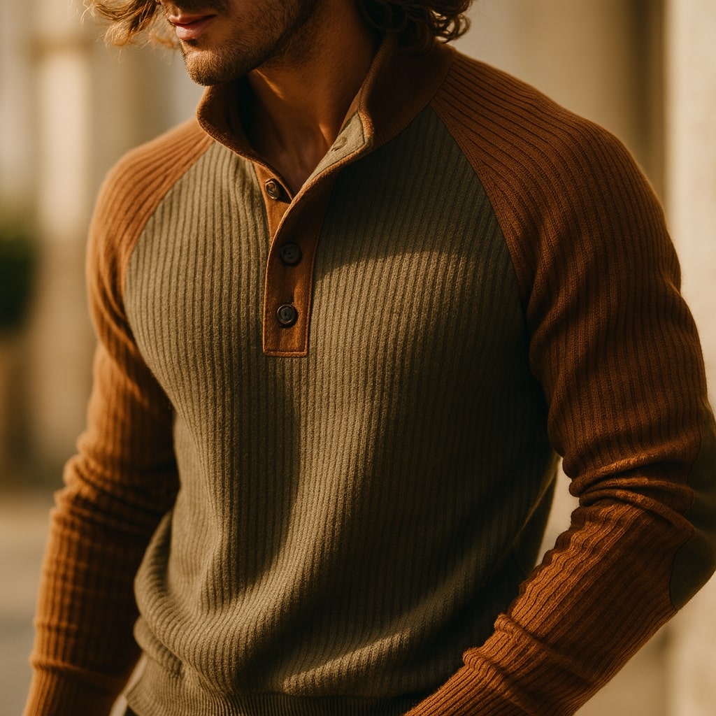 Gerippter Herren-Strickpullover in Olivgrün und Braun mit Stehkragen, Knopfleiste und Raglanärmeln.
