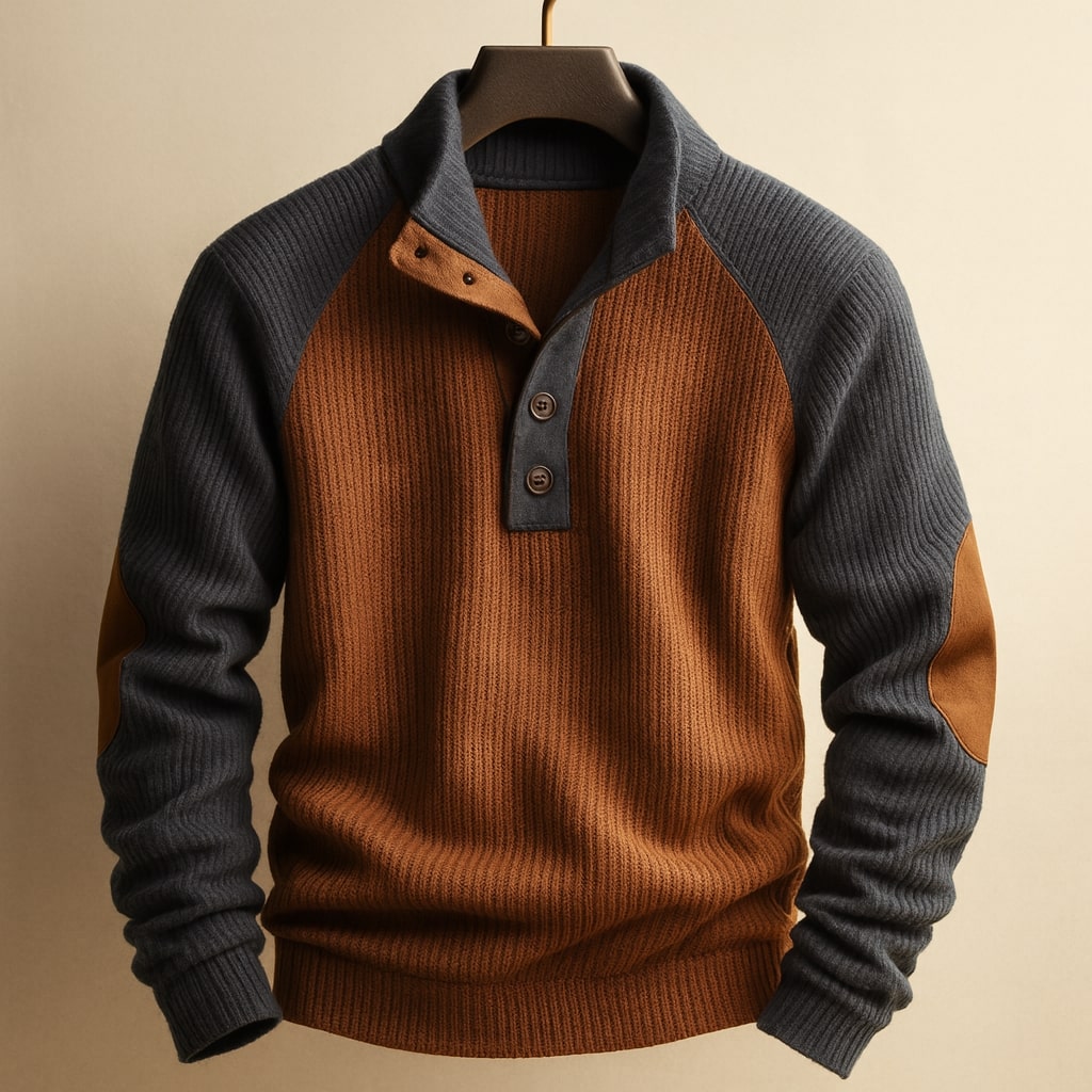 Brauner Herren-Strickpullover mit grauen Raglanärmeln, Knopfleiste am Stehkragen und kontrastierenden Ellbogenpatches.