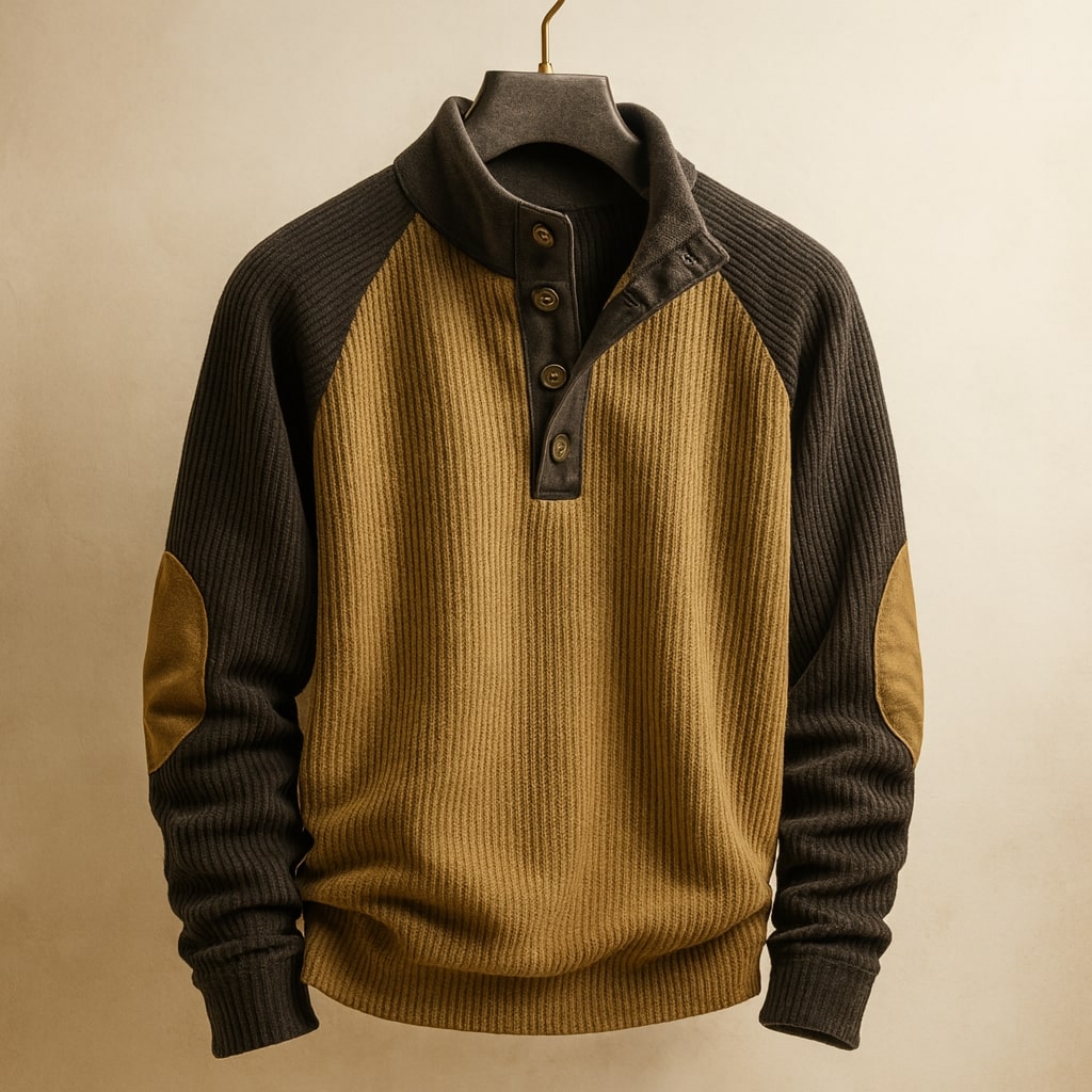Brauner Herren-Strickpullover mit Knopfleiste, gerippter Struktur, Raglanärmeln und kontrastierenden Ellbogenpatches.