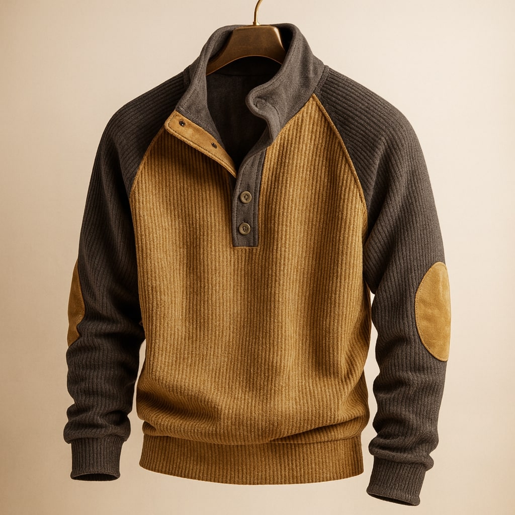 Gerippter Herren-Strickpullover in Braun und Beige mit Stehkragen, Knopfleiste, Raglanärmeln und Ellbogenpatches.