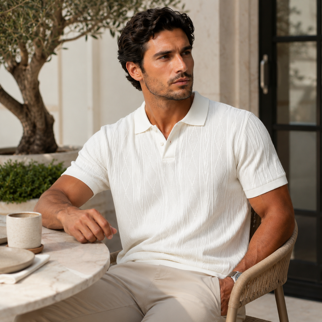 Weißes Herren-Poloshirt aus feinem Strick mit markantem Rautenmuster, Polokragen und kurzer Knopfleiste.