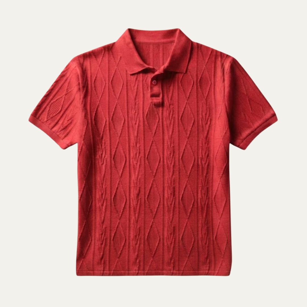Rotes Herren-Strickpoloshirt mit kurzem Arm, Polokragen und plastischem Rautenmuster.