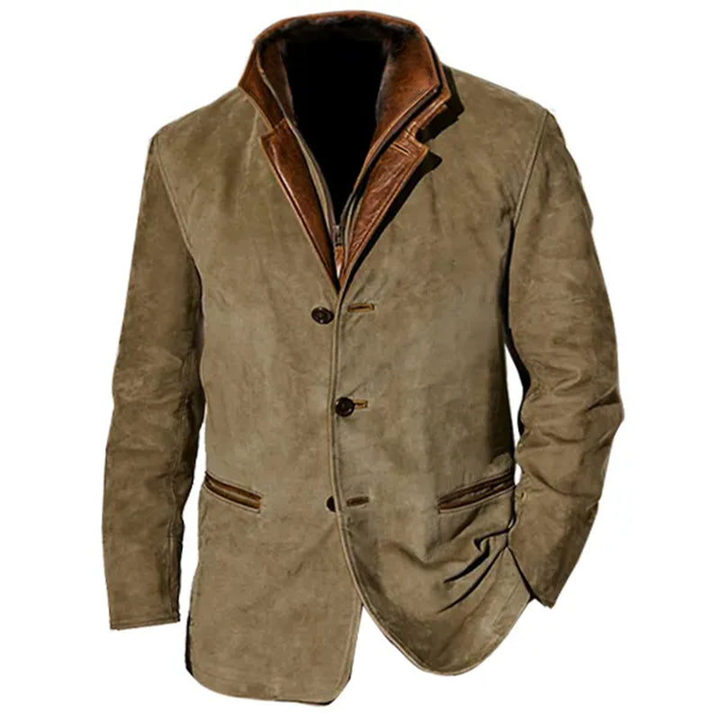 Braune Herrenjacke in Wildleder-Optik mit Knopfverschluss, Reverskragen und eleganten Kontrastdetails.
