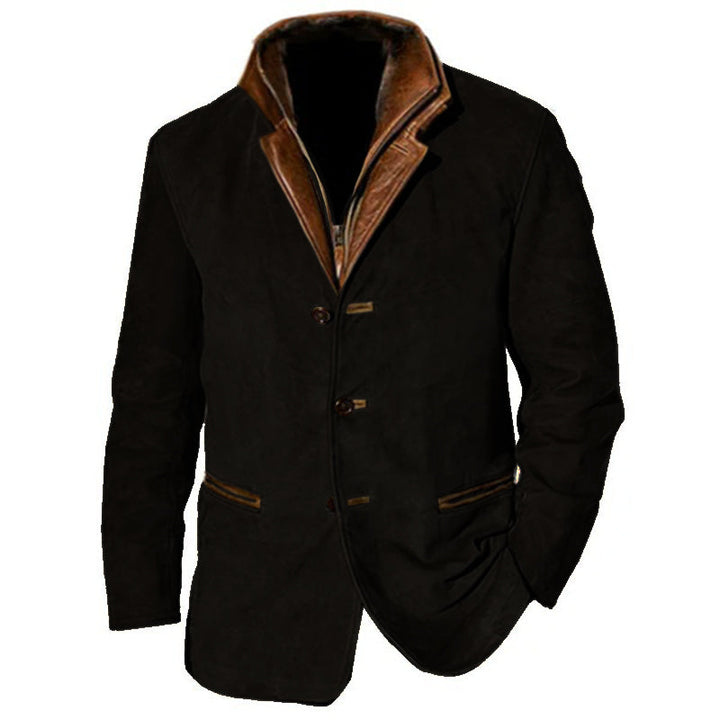 Schwarze Herrenjacke in Wildleder-Optik mit Knopfverschluss, Reverskragen und eleganten braunen Kontrastdetails.