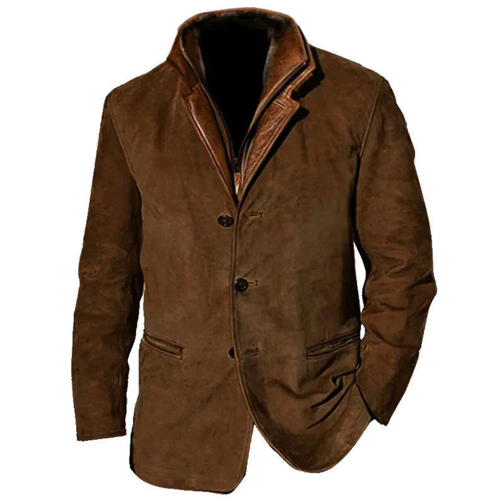 Braune Herrenjacke in Wildleder-Optik mit Knopfverschluss, Reverskragen und elegantem Kontrastdetail für einen zeitlosen Look.