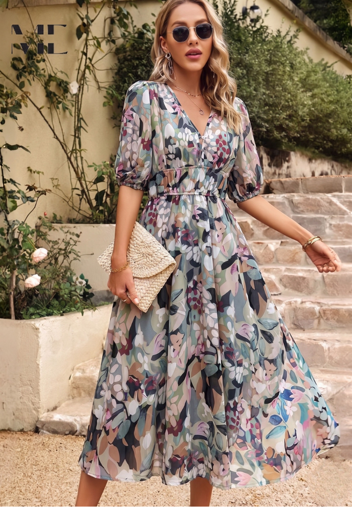 Julia | Damen Geblümtes Midikleid mit V-Ausschnitt