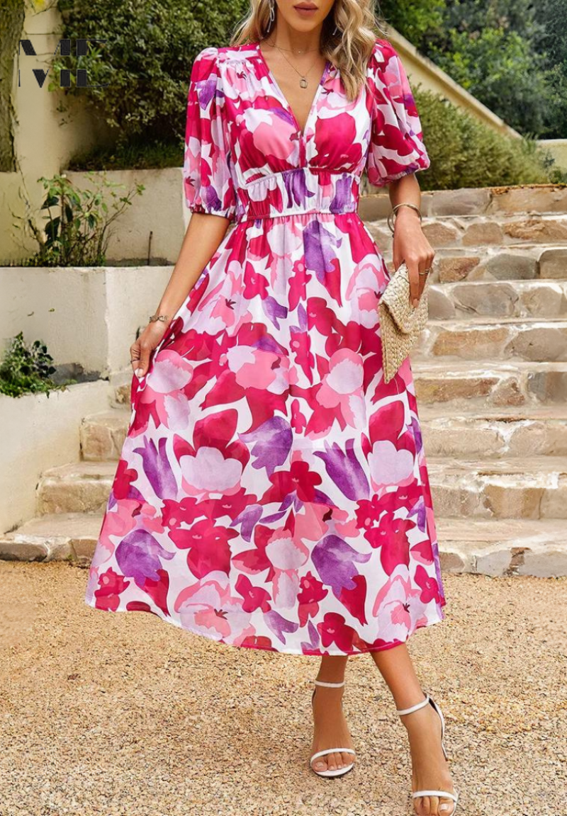 Julia | Damen Geblümtes Midikleid mit V-Ausschnitt