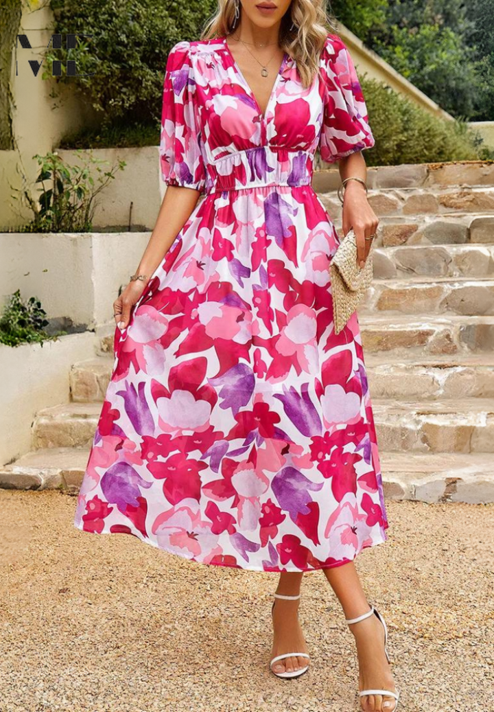 Julia | Damen Geblümtes Midikleid mit V-Ausschnitt