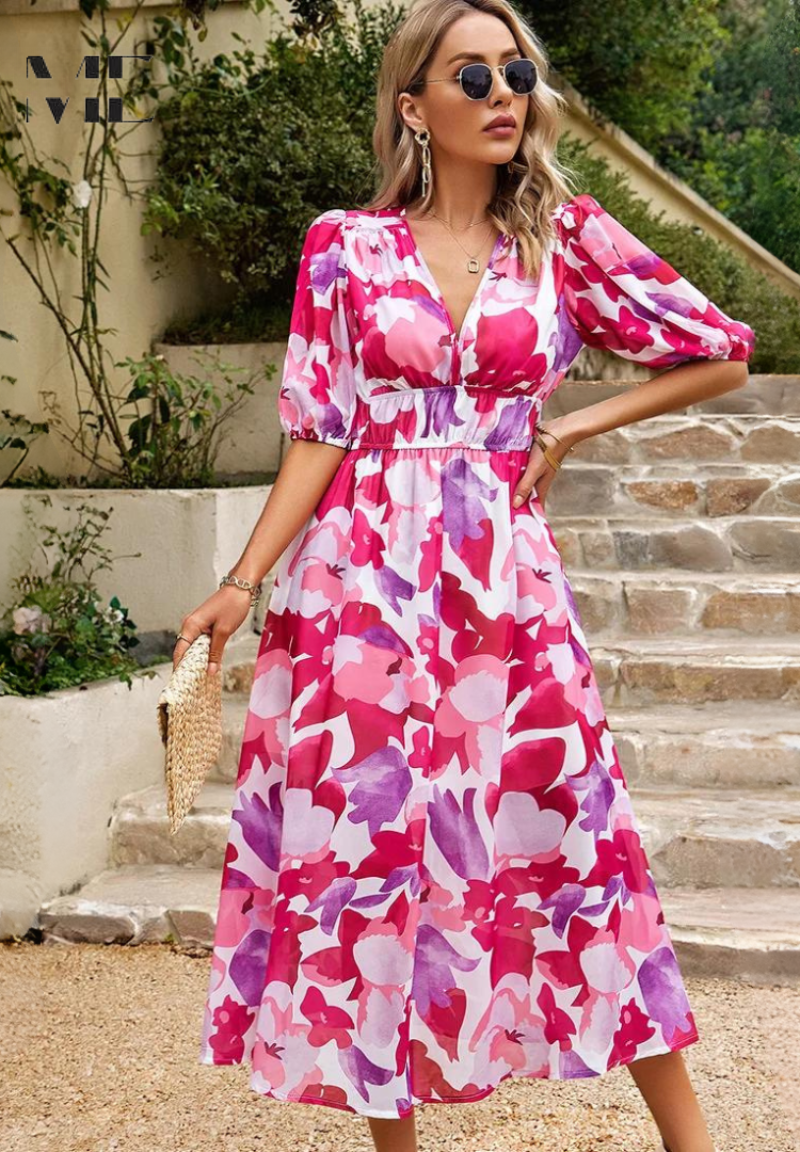 Julia | Damen Geblümtes Midikleid mit V-Ausschnitt