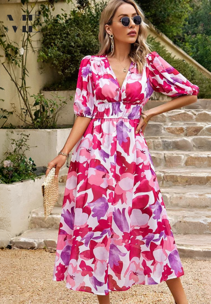 Julia | Damen Geblümtes Midikleid mit V-Ausschnitt