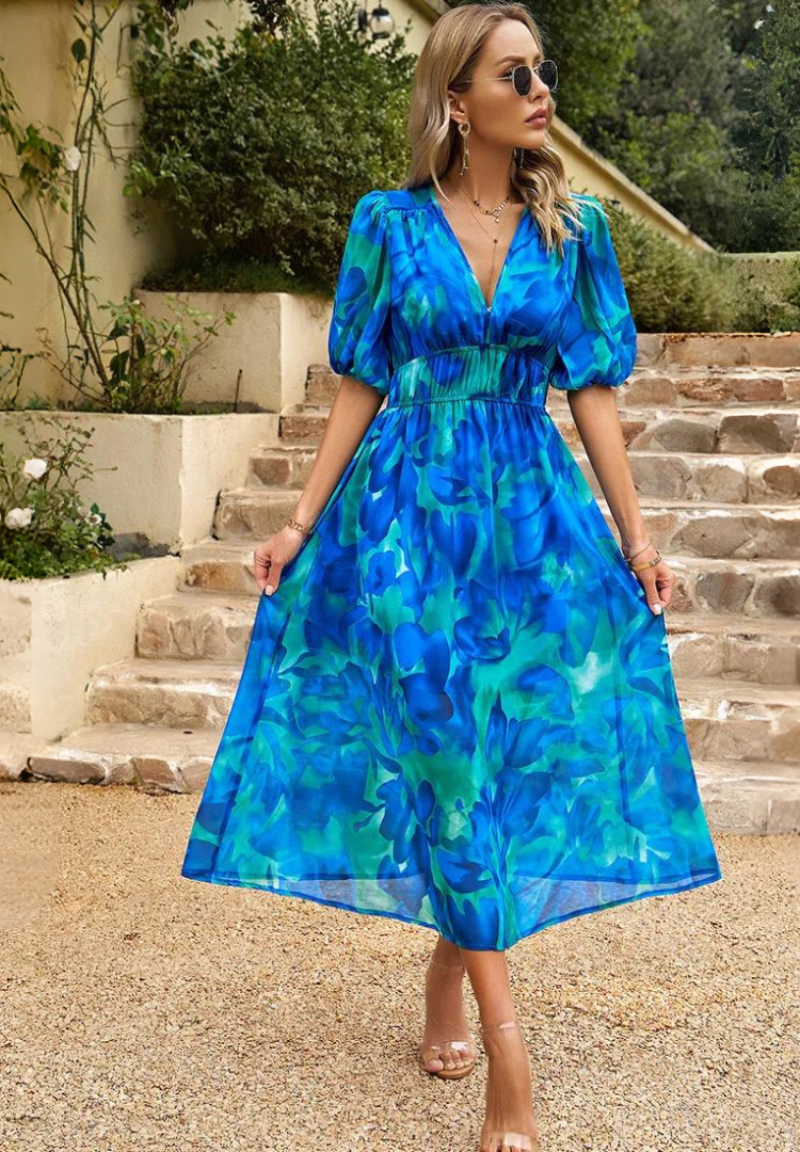Julia | Damen Geblümtes Midikleid mit V-Ausschnitt