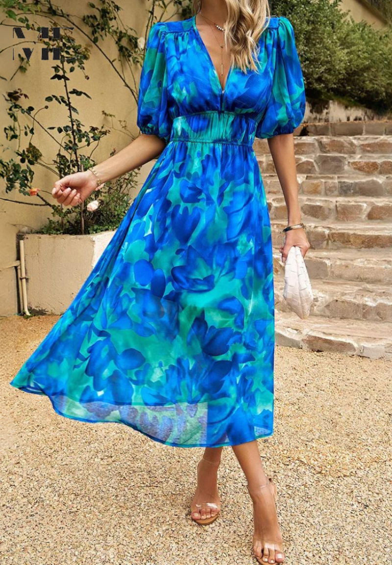 Julia | Damen Geblümtes Midikleid mit V-Ausschnitt