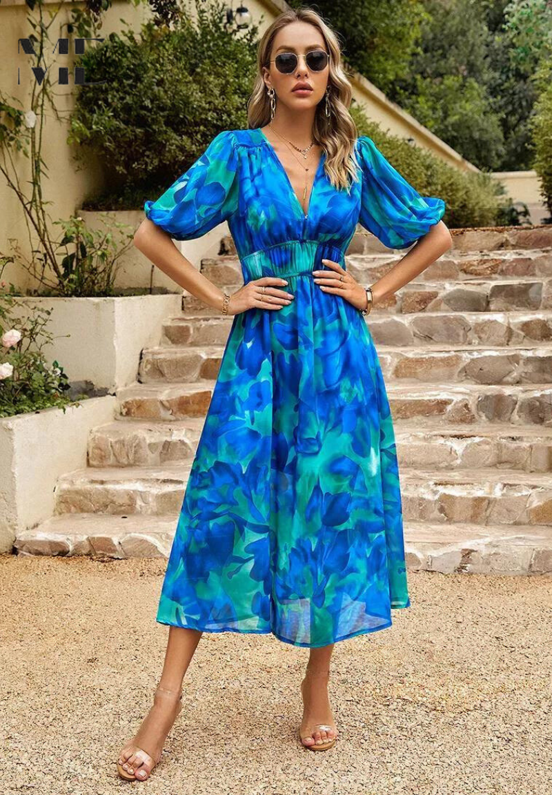 Julia | Damen Geblümtes Midikleid mit V-Ausschnitt