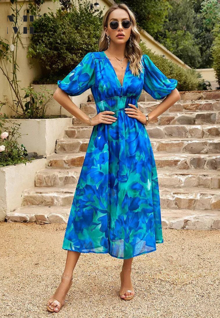 Julia | Damen Geblümtes Midikleid mit V-Ausschnitt
