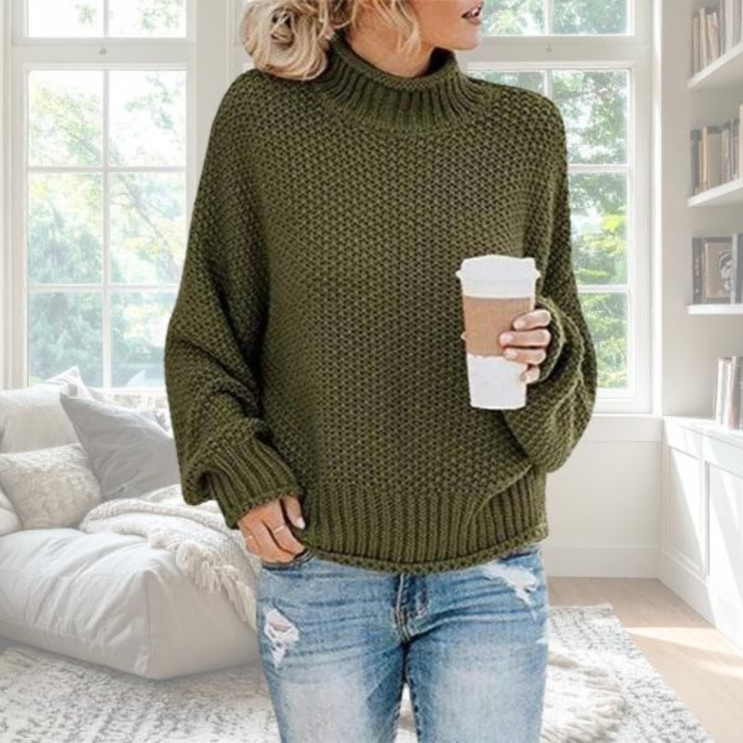 Damen Grobstrick-Pullover in Olivgrün mit Rollkragen, weiter Passform und gerippten Bündchen für einen gemütlichen Look.